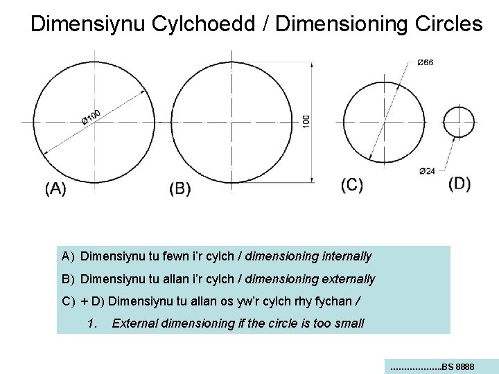 Dimensiynu Cylchoedd / Dimensioning Circles A) Dimensiynu tu fewn i’r cylch / dimensioning internally
