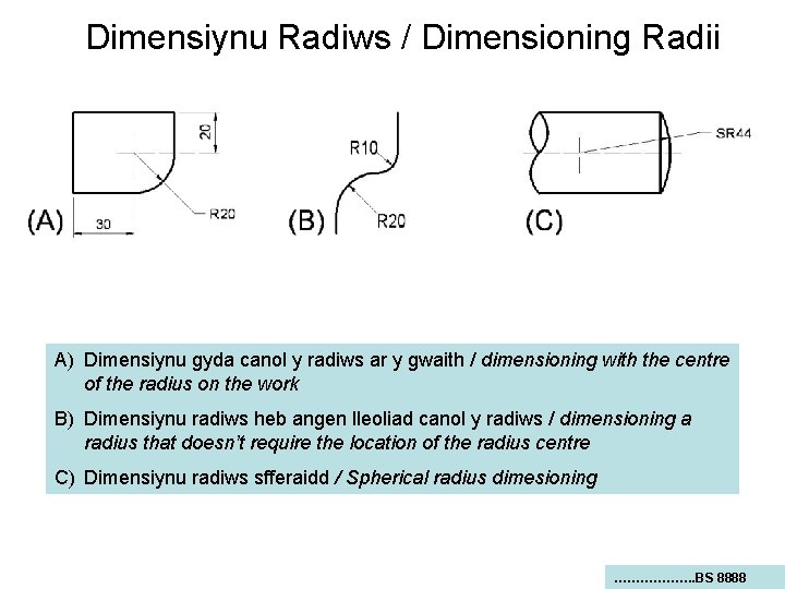 Dimensiynu Radiws / Dimensioning Radii A) Dimensiynu gyda canol y radiws ar y gwaith