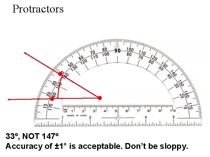 Protractors 33º, NOT 147º Accuracy of ± 1° is acceptable. Don’t be sloppy. 