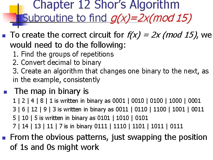 Chapter 12 Shor’s Algorithm Subroutine to find g(x)=2 x(mod 15) n To create the Chapter 12 Shor’s Algorithm Subroutine to find g(x)=2 x(mod 15) n To create the