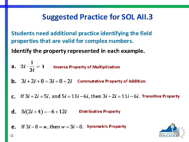 Suggested Practice for SOL AII. 3 Students need additional practice identifying the field properties