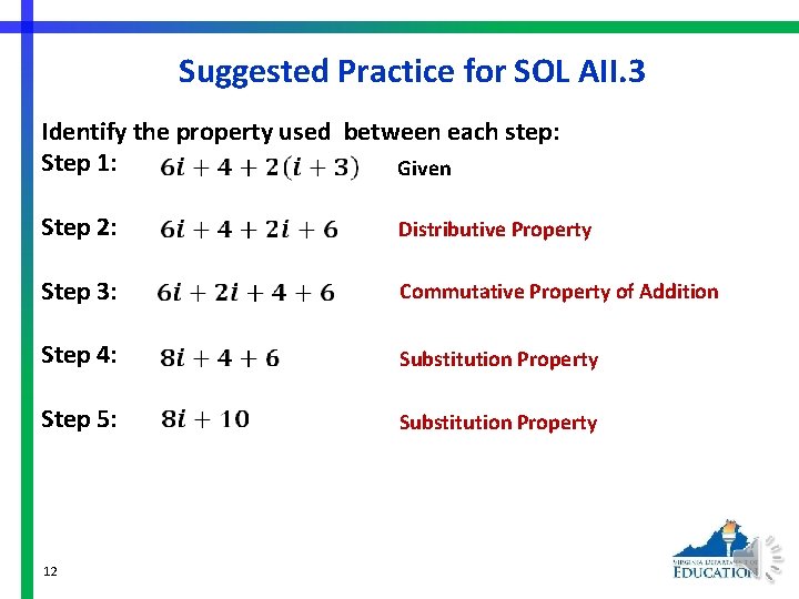 Suggested Practice for SOL AII. 3 Identify the property used between each step: Step
