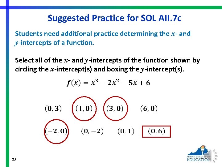 Suggested Practice for SOL AII. 7 c Students need additional practice determining the x-