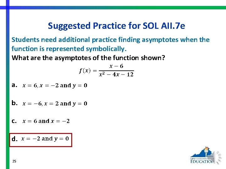 Suggested Practice for SOL AII. 7 e Students need additional practice finding asymptotes when