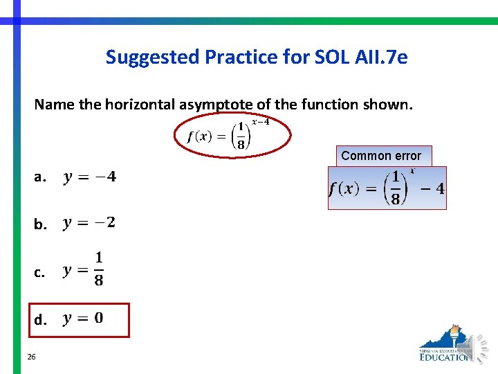 Suggested Practice for SOL AII. 7 e Name the horizontal asymptote of the function