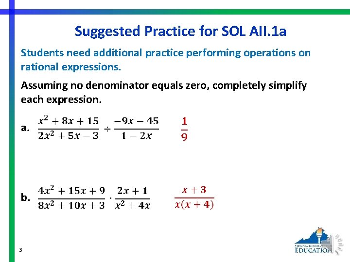 Suggested Practice for SOL AII. 1 a Students need additional practice performing operations on
