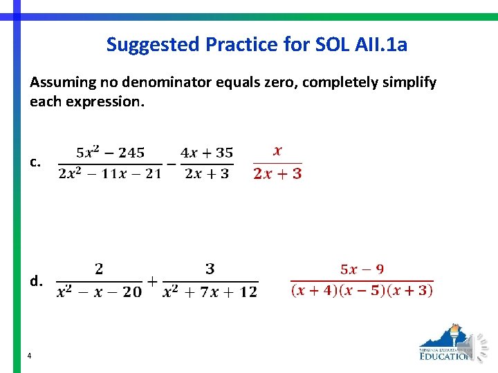 Suggested Practice for SOL AII. 1 a Assuming no denominator equals zero, completely simplify