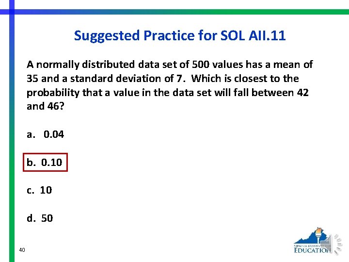 Suggested Practice for SOL AII. 11 A normally distributed data set of 500 values