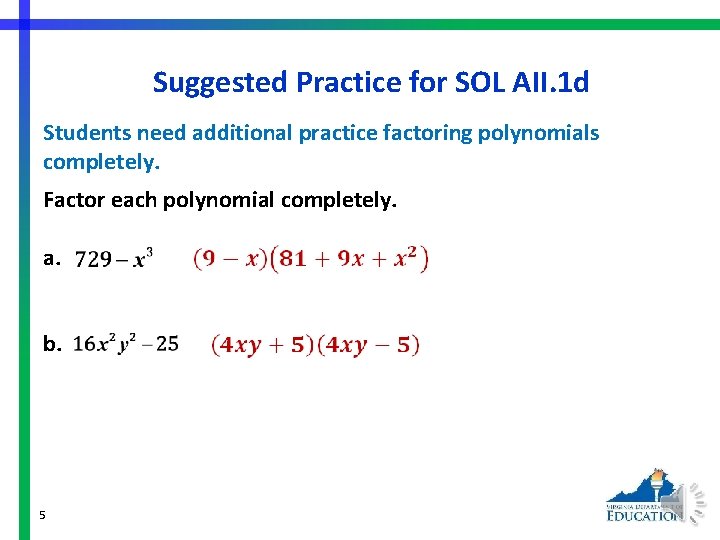 Suggested Practice for SOL AII. 1 d Students need additional practice factoring polynomials completely.