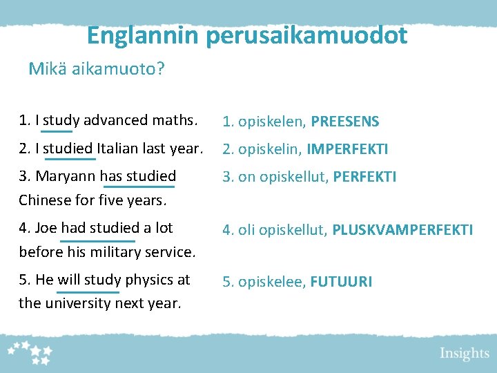 Englannin perusaikamuodot Mikä aikamuoto? 1. I study advanced maths. 1. opiskelen, PREESENS 2. I