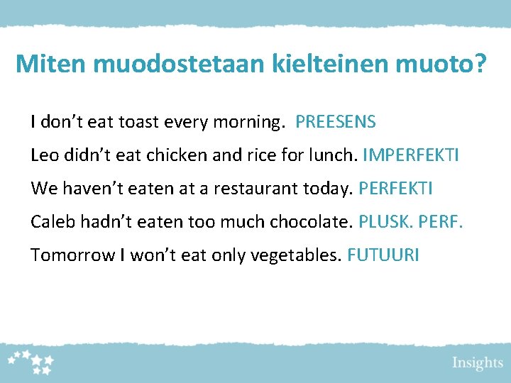 Miten muodostetaan kielteinen muoto? I don’t eat toast every morning. PREESENS Leo didn’t eat Miten muodostetaan kielteinen muoto? I don’t eat toast every morning. PREESENS Leo didn’t eat