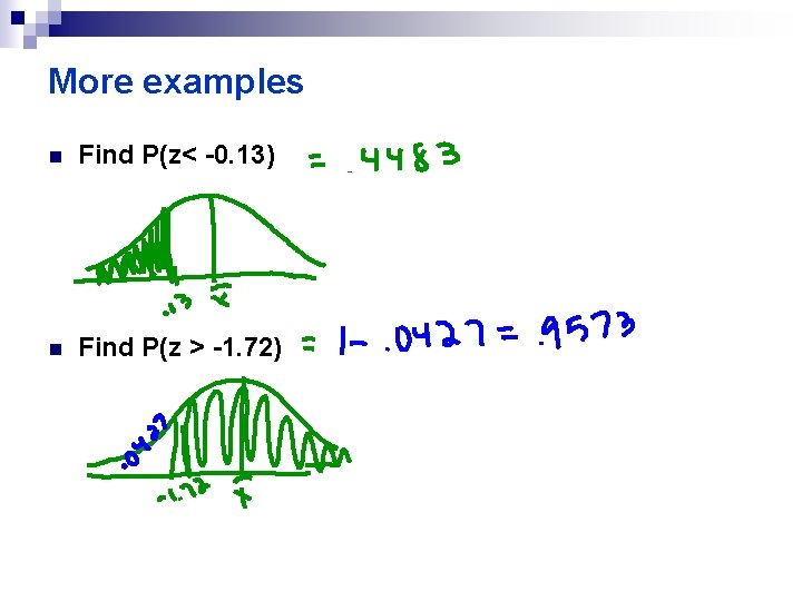 More examples n Find P(z< -0. 13) n Find P(z > -1. 72) 