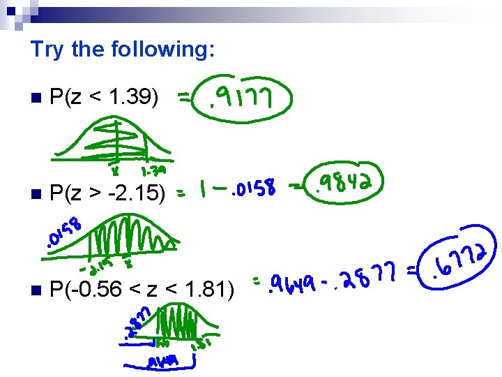 Try the following: n P(z < 1. 39) n P(z > -2. 15) n