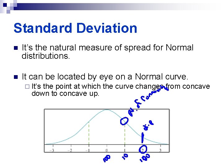 Standard Deviation n It’s the natural measure of spread for Normal distributions. n It