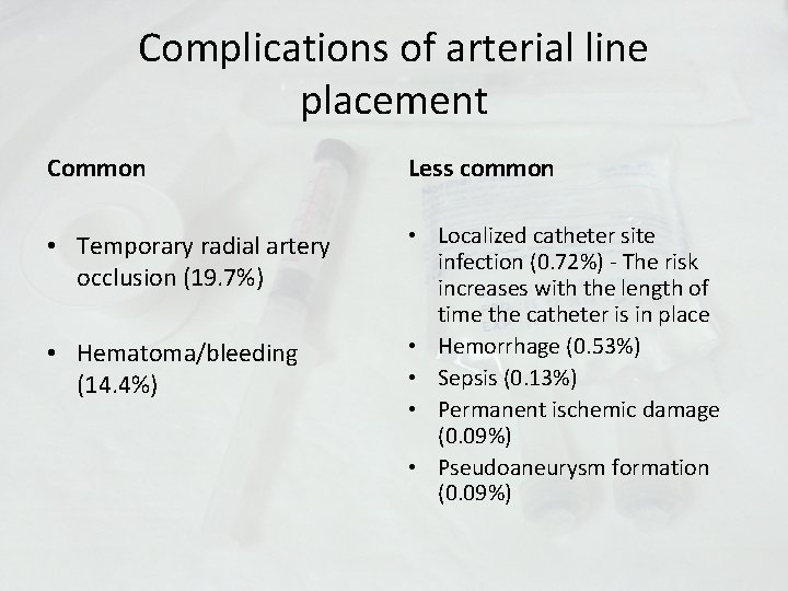 Complications of arterial line placement Common Less common • Temporary radial artery occlusion (19.