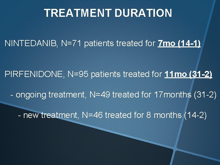 TREATMENT DURATION NINTEDANIB, N=71 patients treated for 7 mo (14 -1) PIRFENIDONE, N=95 patients TREATMENT DURATION NINTEDANIB, N=71 patients treated for 7 mo (14 -1) PIRFENIDONE, N=95 patients