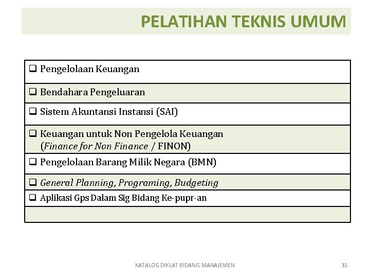 PELATIHAN TEKNIS UMUM q Pengelolaan Keuangan q Bendahara Pengeluaran q Sistem Akuntansi Instansi (SAI)