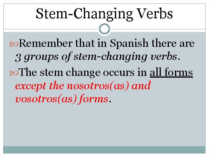 Stem-Changing Verbs Remember that in Spanish there are 3 groups of stem-changing verbs. The