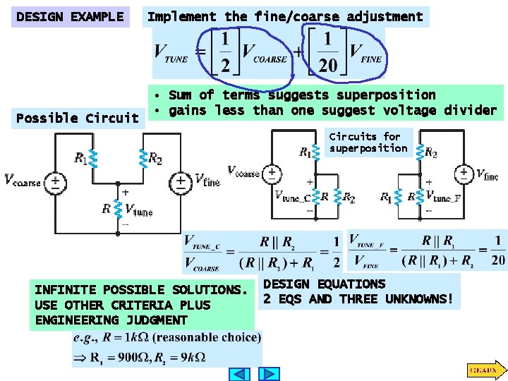 DESIGN EXAMPLE Possible Circuit Implement the fine/coarse adjustment • Sum of terms suggests superposition