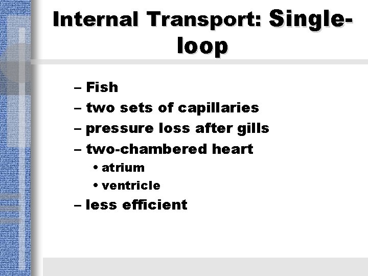 Internal Transport: Single- loop – Fish – two sets of capillaries – pressure loss