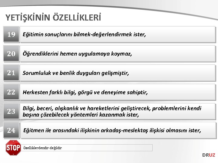 YETİŞKİNİN ÖZELLİKLERİ 19 Eğitimin sonuçlarını bilmek-değerlendirmek ister, 20 Öğrendiklerini hemen uygulamaya koymaz, 21 Sorumluluk