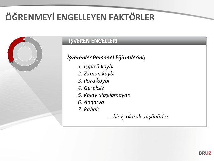 ÖĞRENMEYİ ENGELLEYEN FAKTÖRLER İŞVEREN ENGELLERİ İşverenler Personel Eğitimlerini; 1. İşgücü kaybı 2. Zaman kaybı