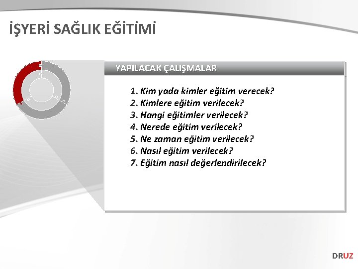 İŞYERİ SAĞLIK EĞİTİMİ YAPILACAK ÇALIŞMALAR 1. Kim yada kimler eğitim verecek? 2. Kimlere eğitim