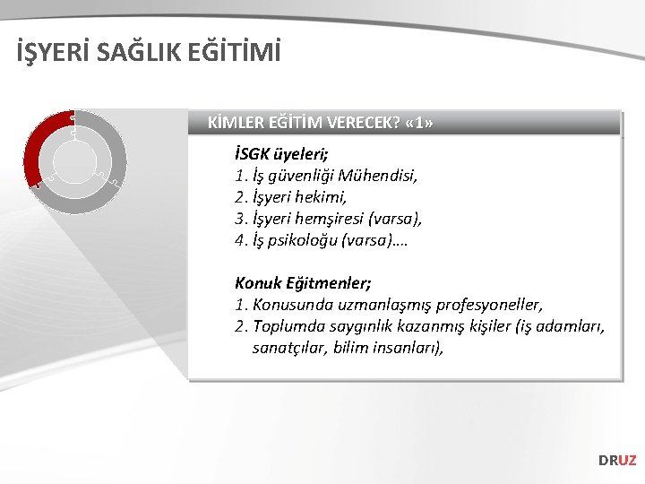 İŞYERİ SAĞLIK EĞİTİMİ KİMLER EĞİTİM VERECEK? « 1» İSGK üyeleri; 1. İş güvenliği Mühendisi,