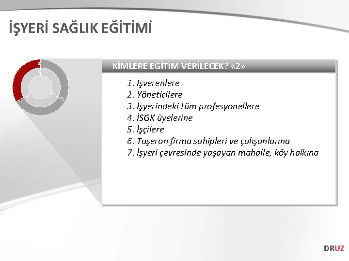 İŞYERİ SAĞLIK EĞİTİMİ KİMLERE EĞİTİM VERİLECEK? « 2» 1. İşverenlere 2. Yöneticilere 3. İşyerindeki