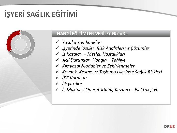 İŞYERİ SAĞLIK EĞİTİMİ HANGİ EĞİTİMLER VERİLECEK? « 3» ü ü ü ü ü Yasal