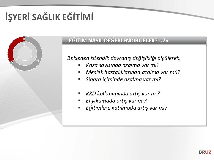 İŞYERİ SAĞLIK EĞİTİMİ EĞİTİM NASIL DEĞERLENDİRİLECEK? « 7» Beklenen istendik davranış değişikliği ölçülerek, §