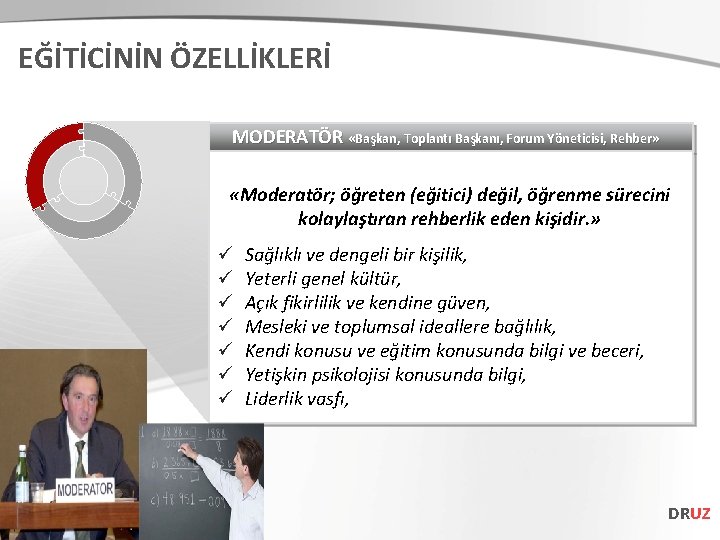 EĞİTİCİNİN ÖZELLİKLERİ MODERATÖR «Başkan, Toplantı Başkanı, Forum Yöneticisi, Rehber» «Moderatör; öğreten (eğitici) değil, öğrenme