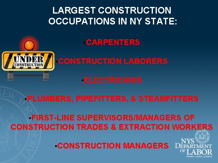 LARGEST CONSTRUCTION OCCUPATIONS IN NY STATE: • CARPENTERS • CONSTRUCTION LABORERS • ELECTRICIANS •