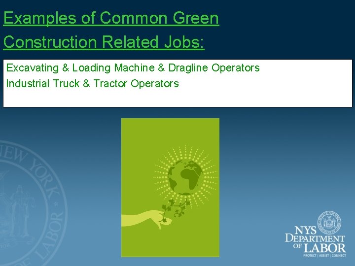 Examples of Common Green Construction Related Jobs: Excavating & Loading Machine & Dragline Operators