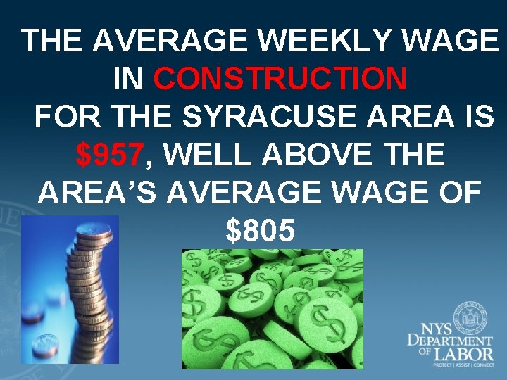 THE AVERAGE WEEKLY WAGE IN CONSTRUCTION FOR THE SYRACUSE AREA IS $957, WELL ABOVE