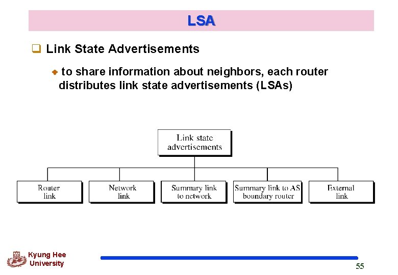 LSA q Link State Advertisements to share information about neighbors, each router distributes link