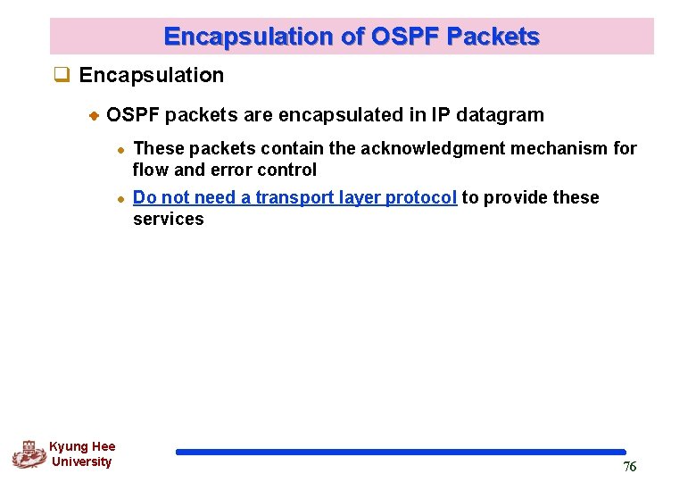 Encapsulation of OSPF Packets q Encapsulation OSPF packets are encapsulated in IP datagram l