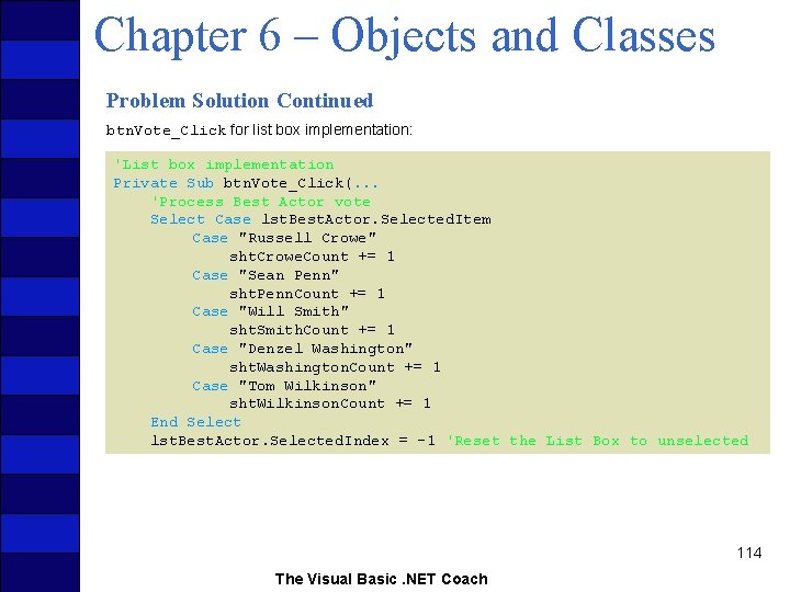 Chapter 6 – Objects and Classes Problem Solution Continued btn. Vote_Click for list box