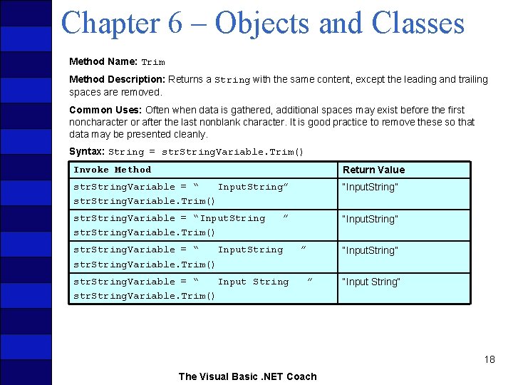 Chapter 6 – Objects and Classes Method Name: Trim Method Description: Returns a String