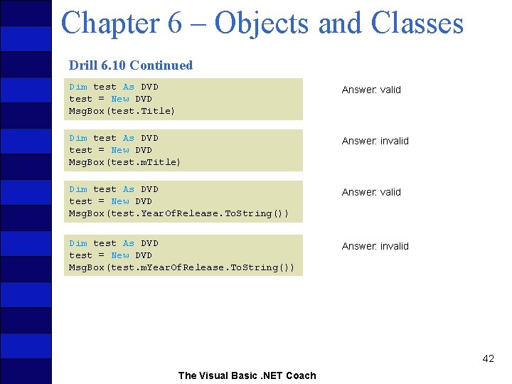 Chapter 6 – Objects and Classes Drill 6. 10 Continued Dim test As DVD