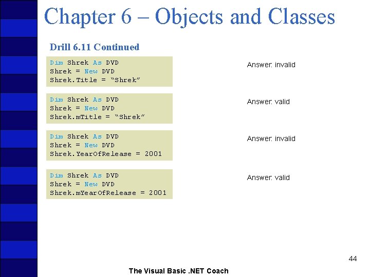 Chapter 6 – Objects and Classes Drill 6. 11 Continued Dim Shrek As DVD