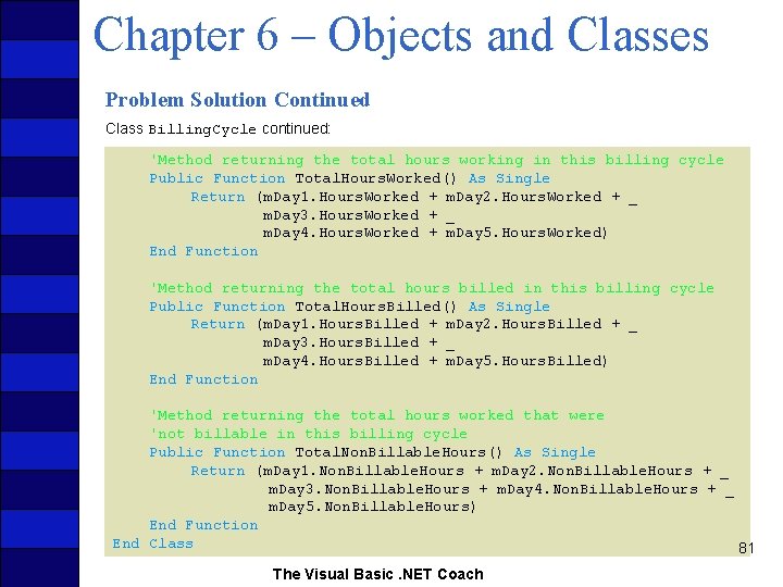 Chapter 6 – Objects and Classes Problem Solution Continued Class Billing. Cycle continued: 'Method