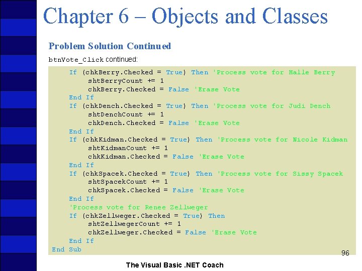 Chapter 6 – Objects and Classes Problem Solution Continued btn. Vote_Click continued: If (chk.
