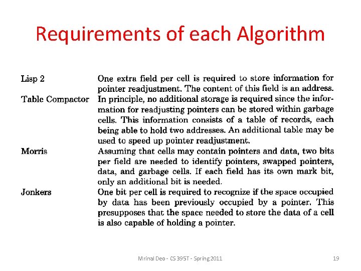 Requirements of each Algorithm Mrinal Deo - CS 395 T - Spring 2011 19