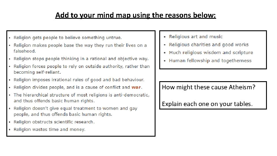 Add to your mind map using the reasons below: How might these cause Atheism?