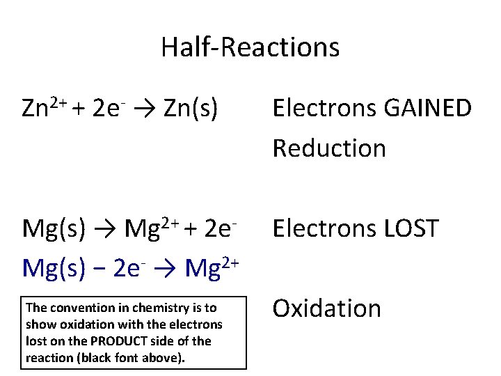 Half-Reactions Zn 2+ + 2 e- → Zn(s) Electrons GAINED Reduction Mg(s) → Mg
