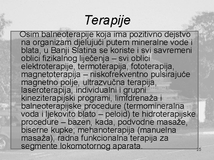 Terapije Osim balneoterapije koja ima pozitivno dejstvo na organizam djelujući putem mineralne vode i