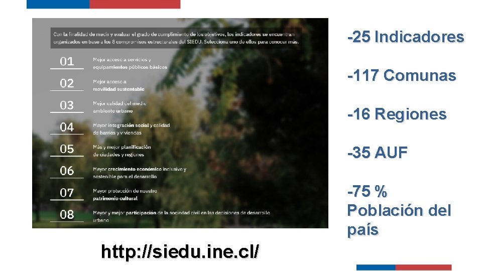COMPROMISOS ESTRUCTURALES DEL SIEDU -25 Indicadores -117 Comunas -16 Regiones -35 AUF -75 %