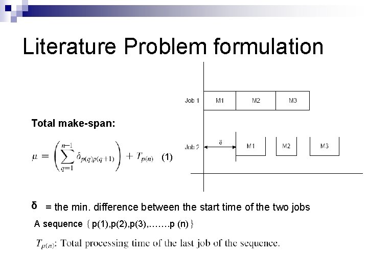 Literature Problem formulation Total make-span: (1) δ = the min. difference between the start