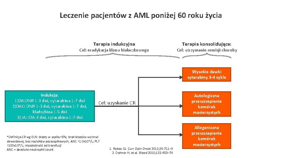 Leczenie pacjentów z AML poniżej 60 roku życia Terapia indukcyjna Cel: eradykacja klonu białaczkowego